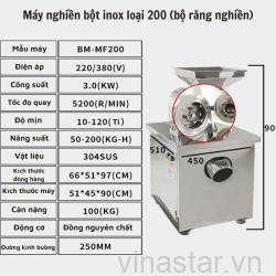 Máy Nghiền Thuốc, Gia VỊ, Dược Liệu BM-MF-200, Thân Làm Từ Inox 304 Chống Rỉ, Hoạt Động Bền Bỉ Từ Động Cơ Lõi Đồng.Bộ Răng Nghiền Cho Ra Bột Mịn Nhất